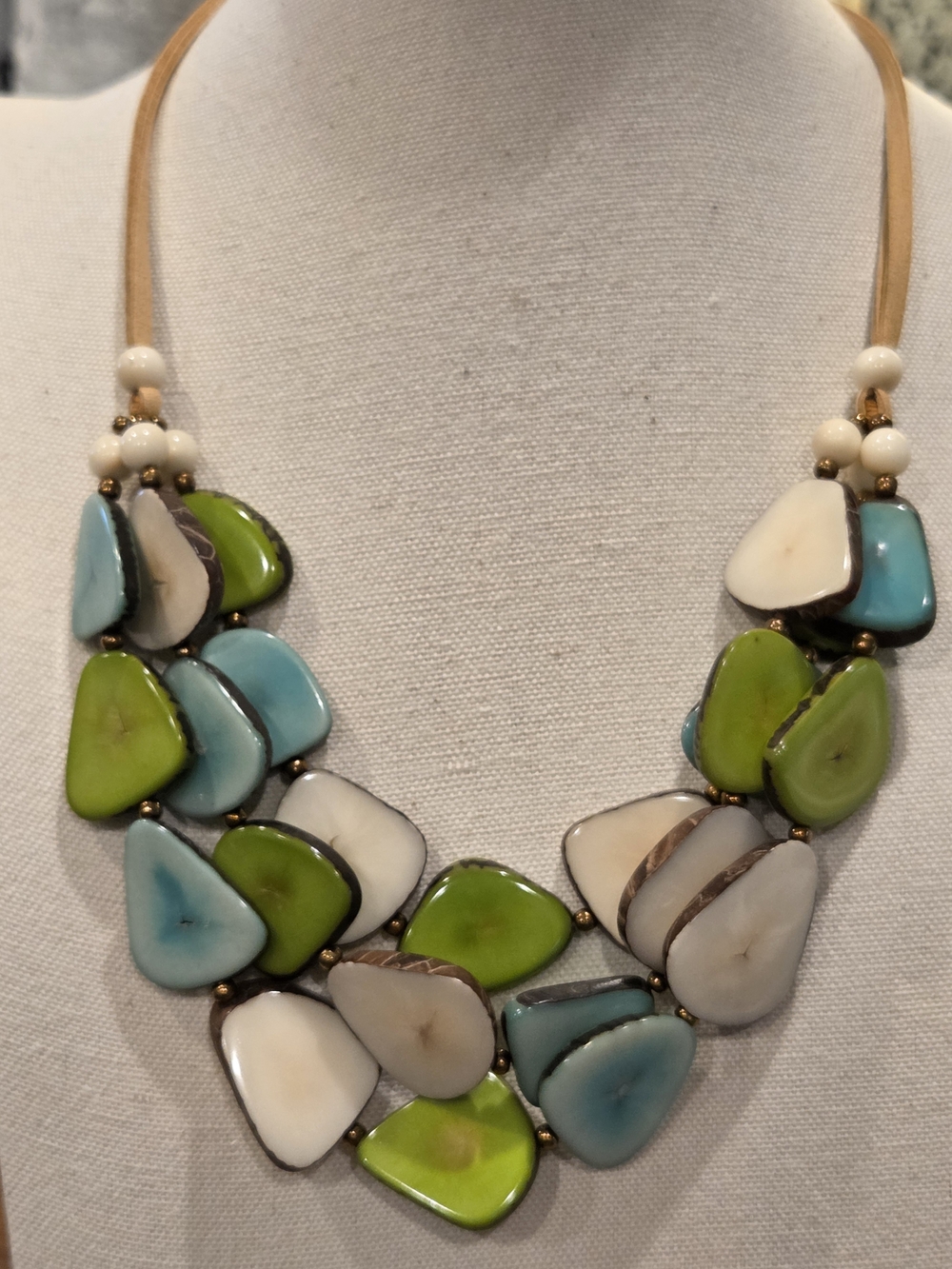 Handcrafted Green, Aqua & Cream Statement Necklace